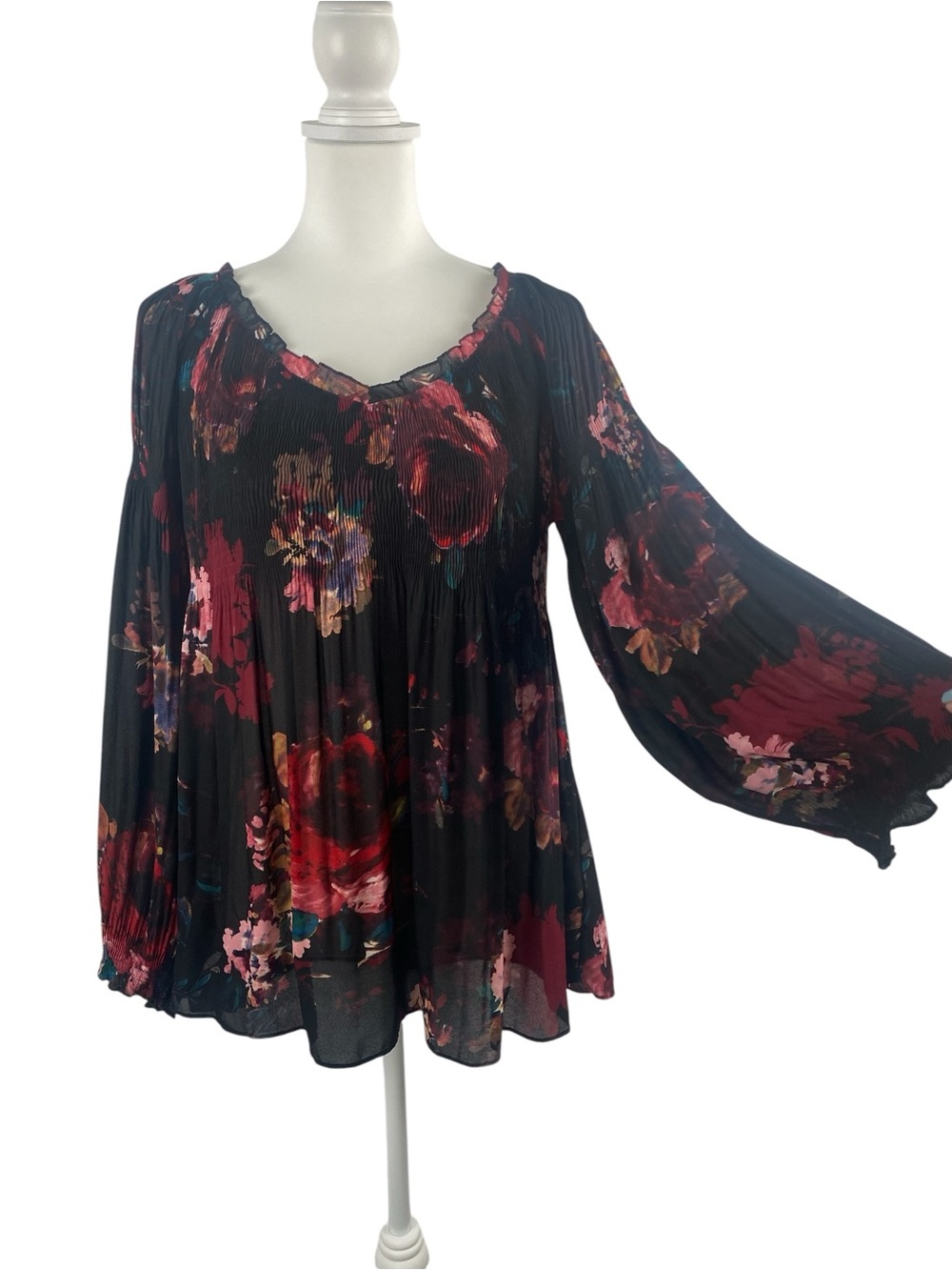 Melissa Paige Dark Floral Pleated Peasant Blouse S, Whimsigoth Romantic Witchy - Picture 2 of 8